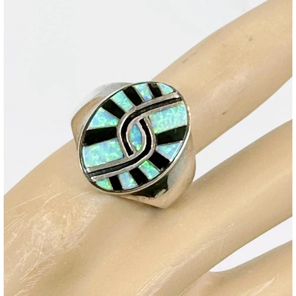Vintage Zuni Opal & Black Onyx Inlaid Sterling Silver Ring, Size 11